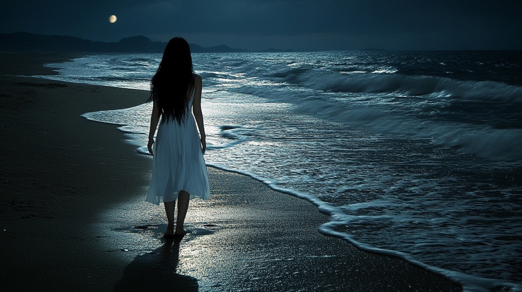 月夜の海辺に佇む白いワンピースの女