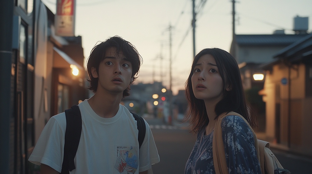 驚いた表情の大学生カップル