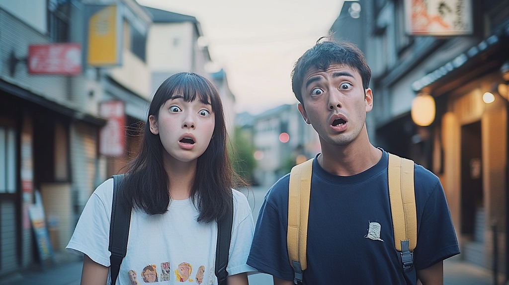 驚いた表情の大学生カップル