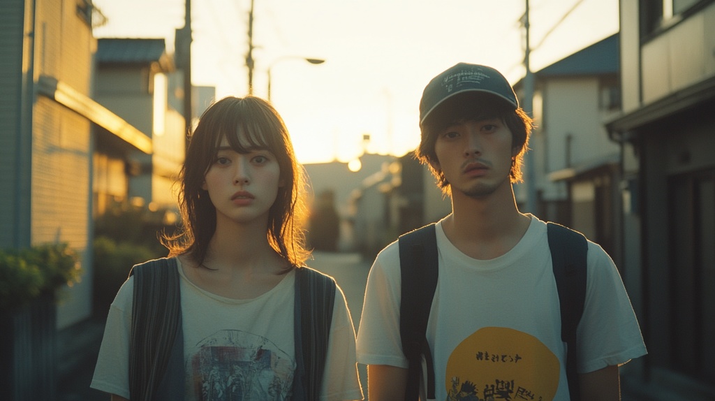 驚いた表情の大学生カップル