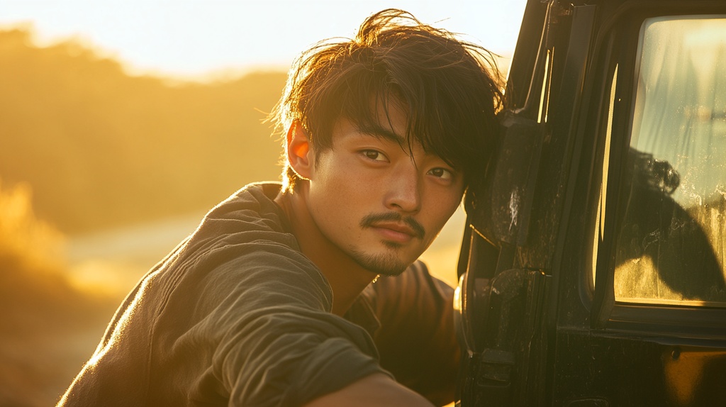 SUVを運転するワイルドな男性