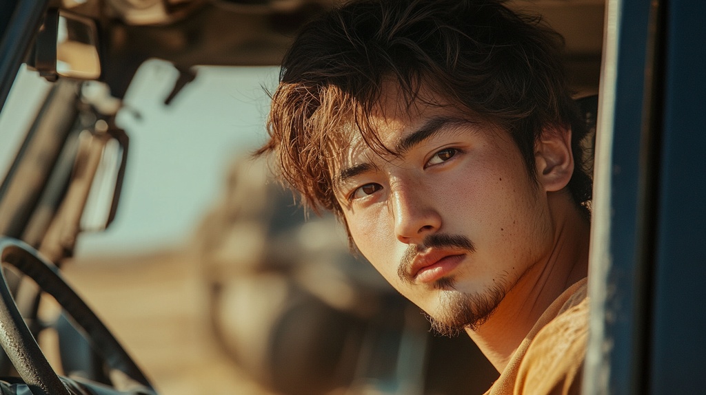 SUVを運転するワイルドな男性