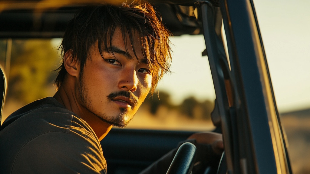 SUVを運転するワイルドな男性