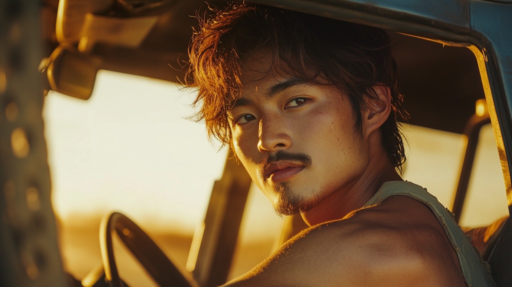 SUVを運転するワイルドな男性