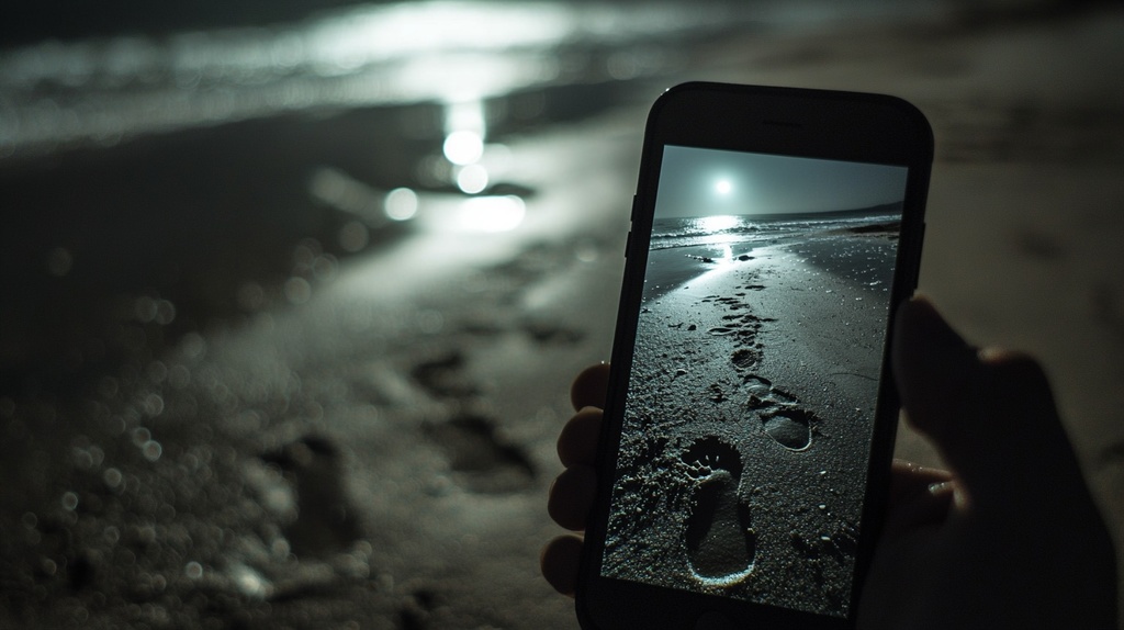 夜のビーチに続く足跡をスマホで撮影した
