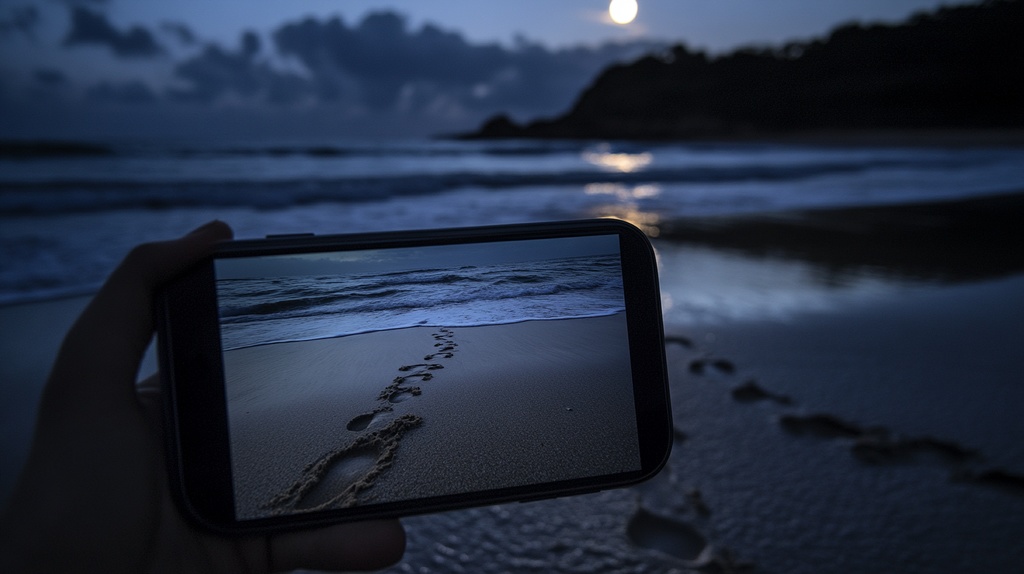夜のビーチに続く足跡をスマホで撮影した