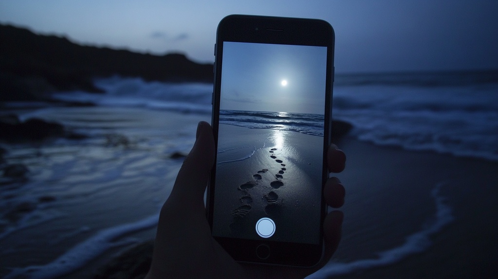 夜のビーチに続く足跡をスマホで撮影した