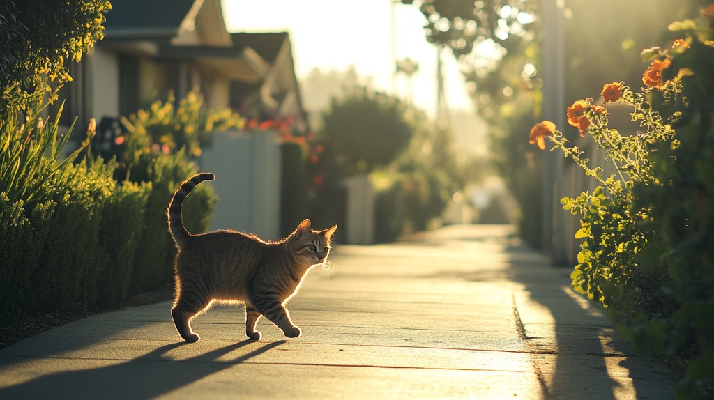歩道を歩く猫たち