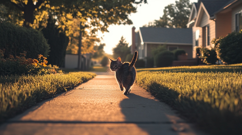 歩道を歩く猫たち