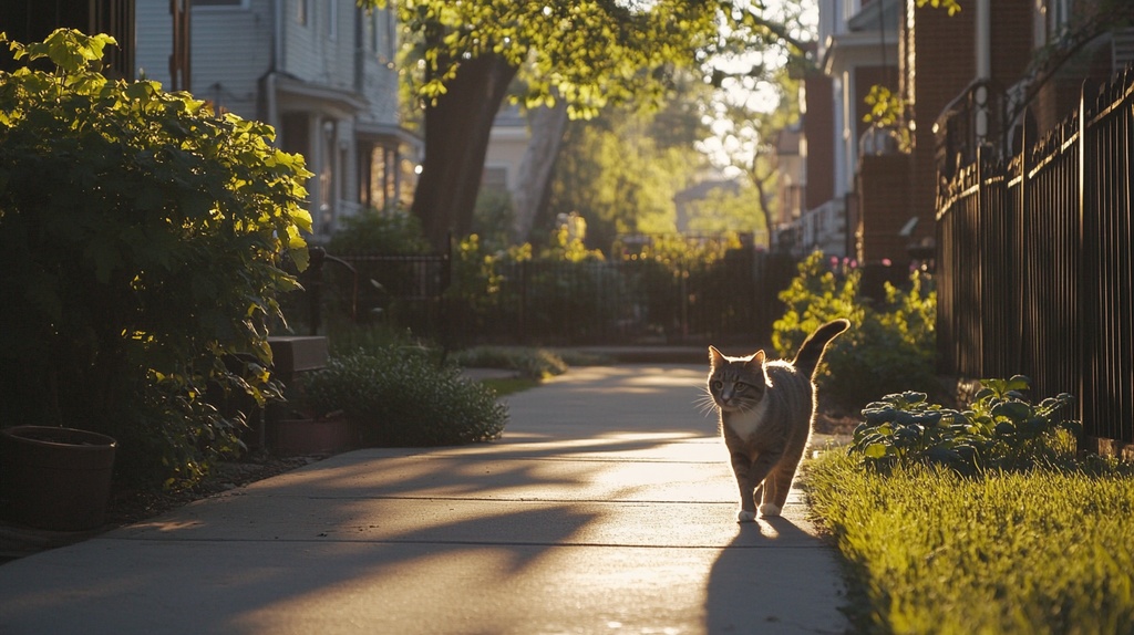 歩道を歩く猫たち