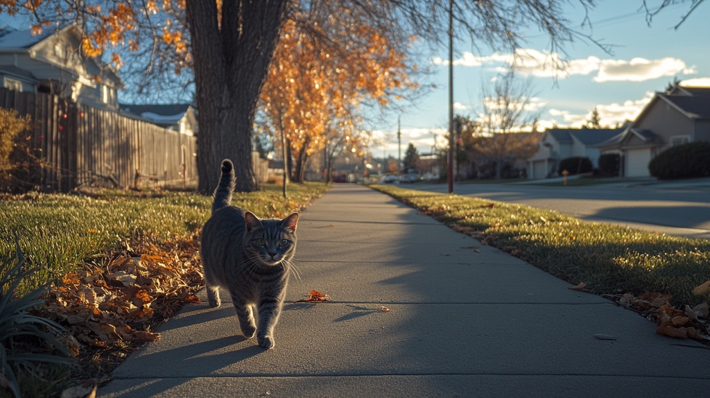 歩道を歩く猫たち