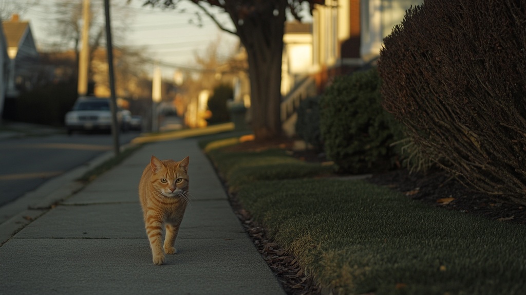 歩道を歩く猫たち