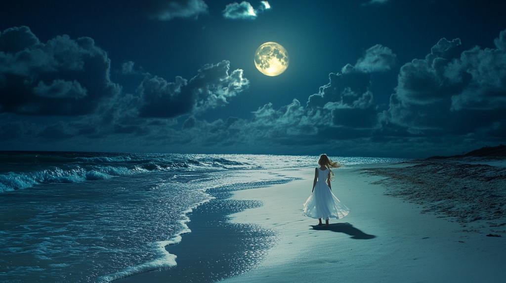 月夜のビーチと少女
