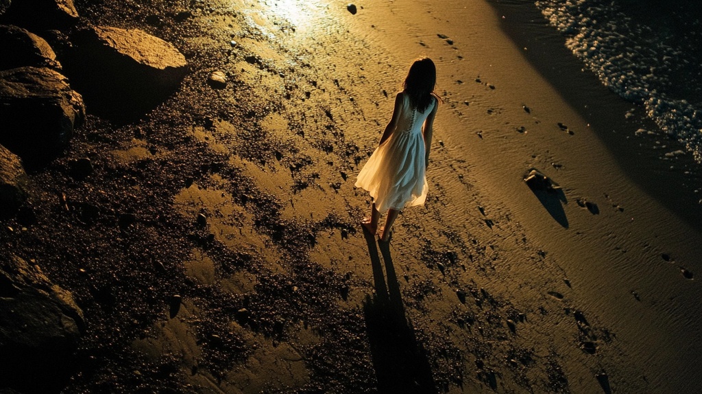 月夜のビーチと少女