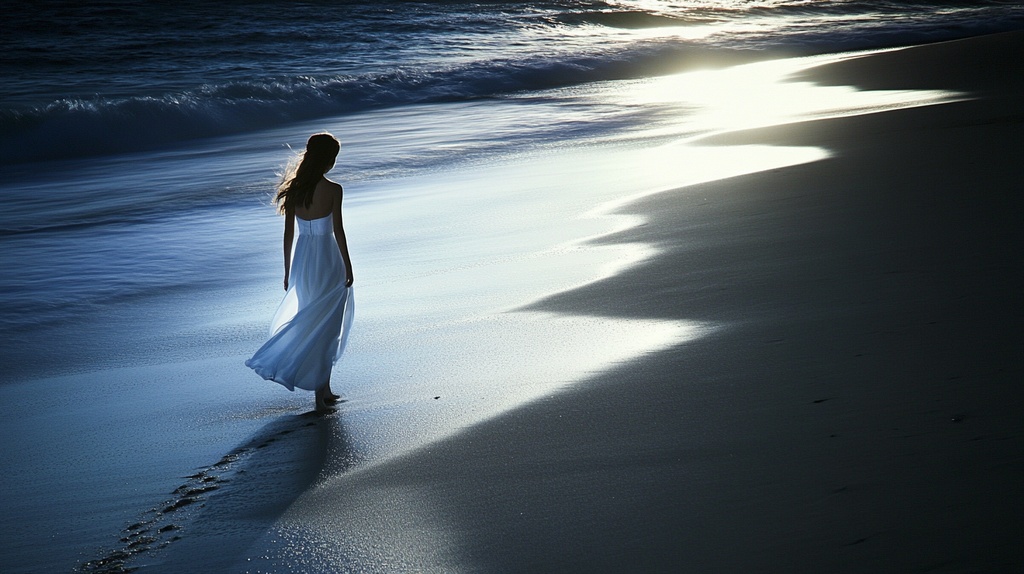 月夜のビーチと少女