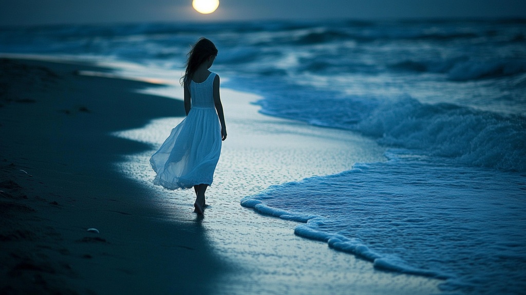 月夜のビーチと少女