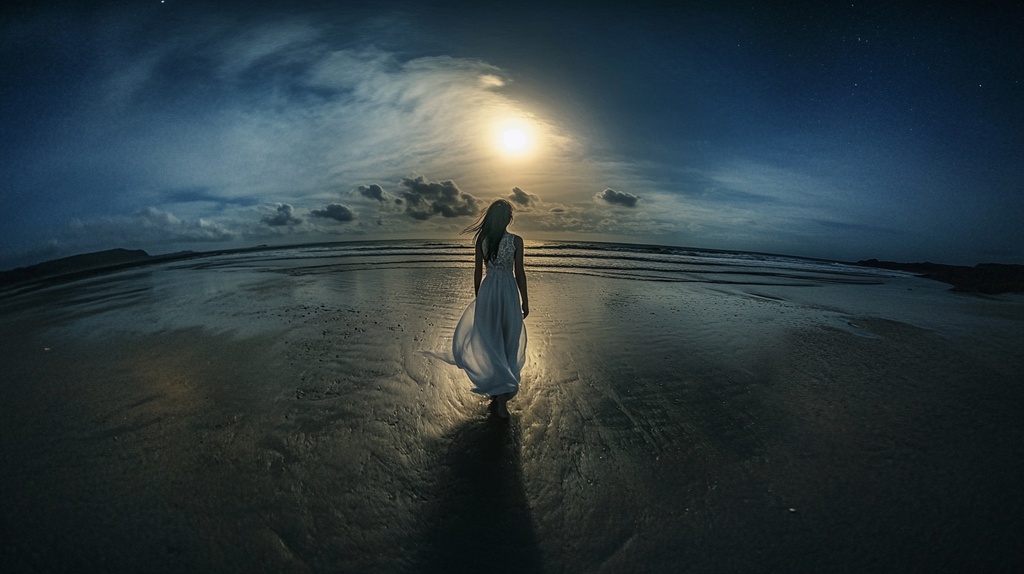 月夜のビーチと少女