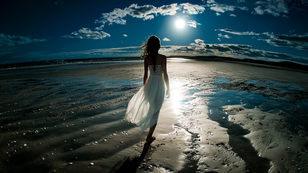 月夜のビーチと少女