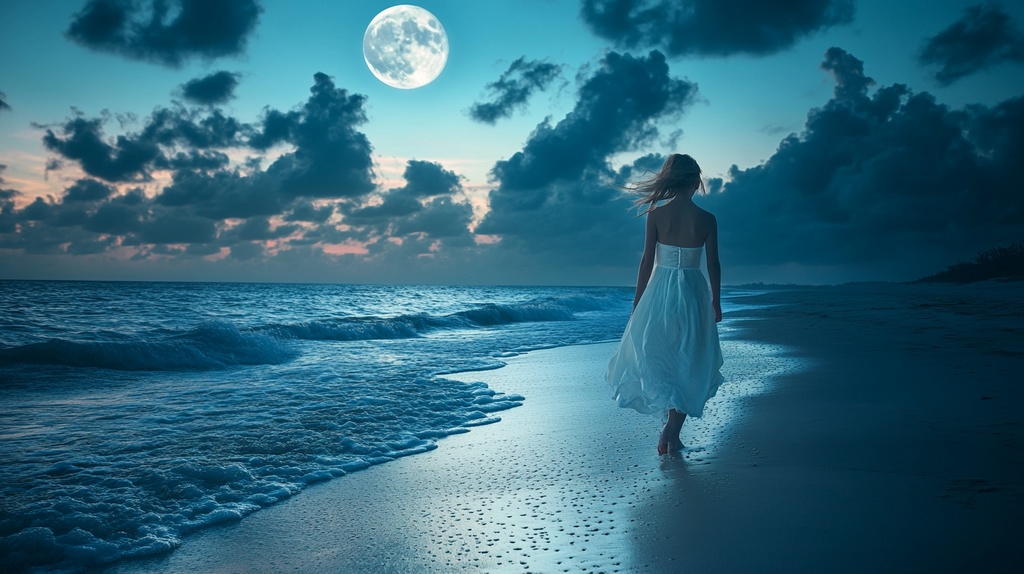 月夜のビーチと少女