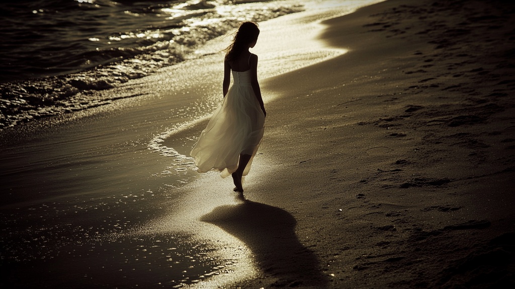 月夜のビーチと少女