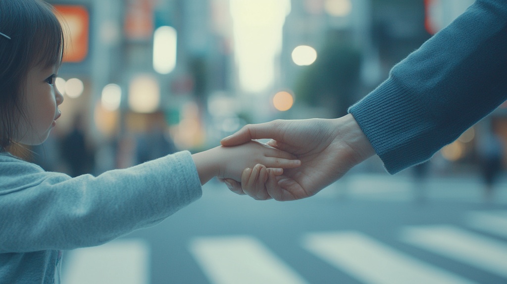 都内の交差点で手をつなぐお母さんと女の子