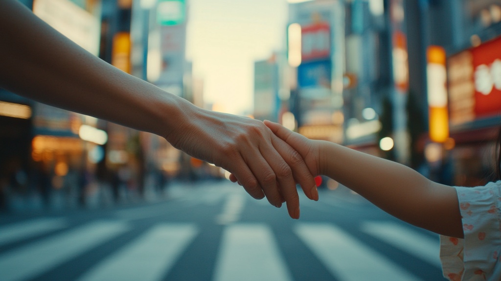 都内の交差点で手をつなぐお母さんと女の子