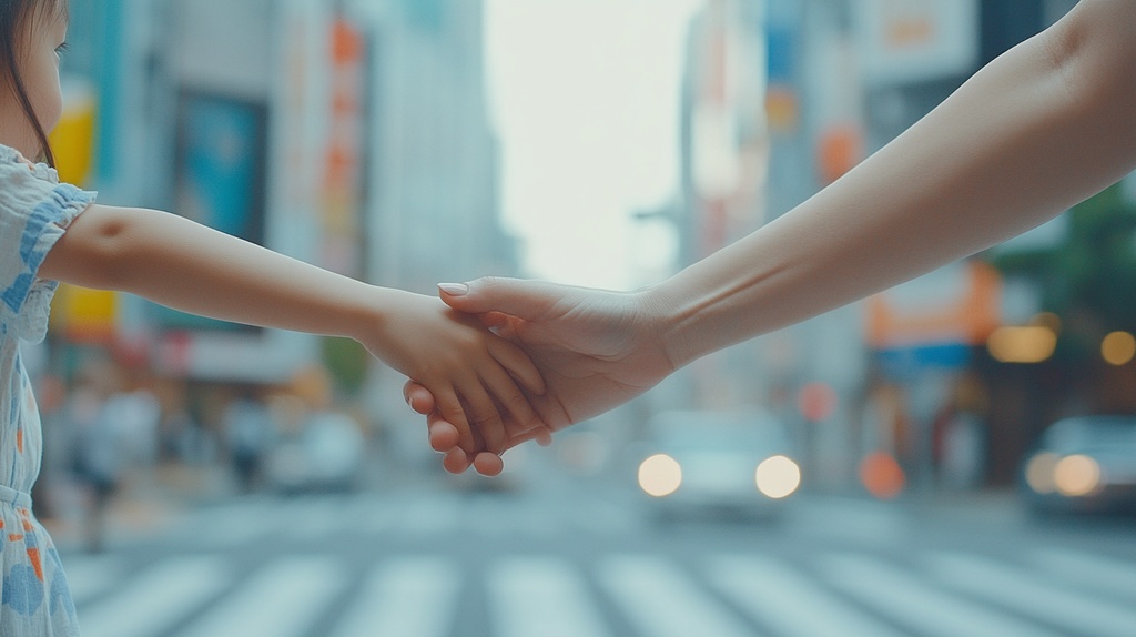 都内の交差点で手をつなぐお母さんと女の子