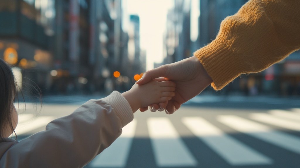 都内の交差点で手をつなぐお母さんと女の子