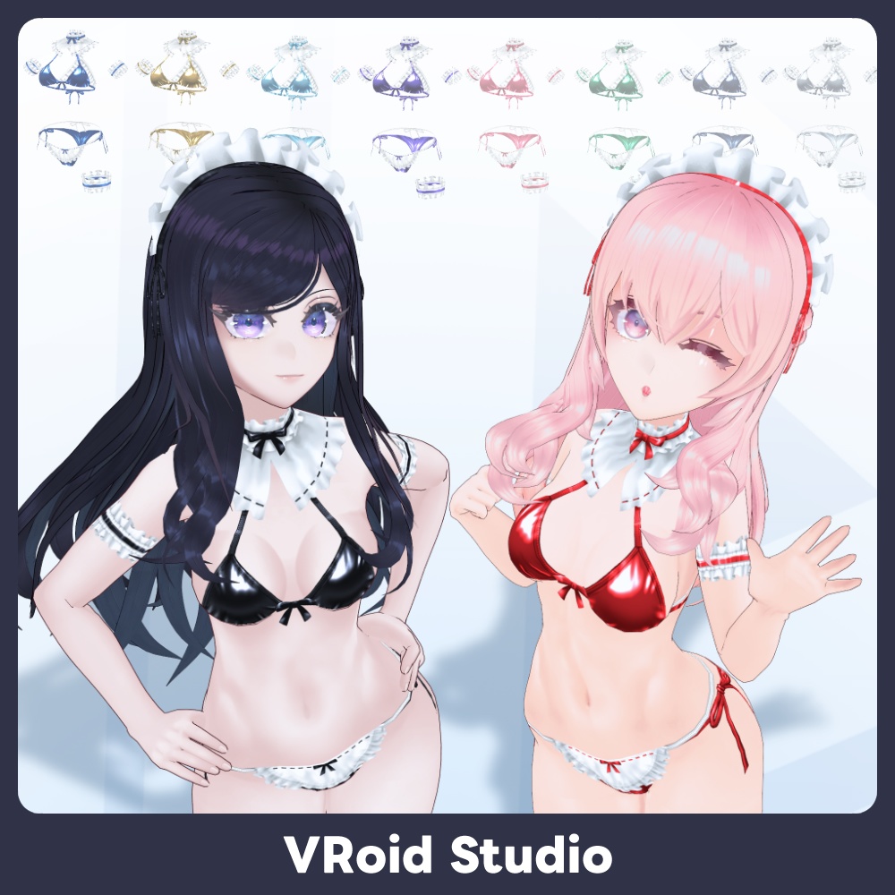 【 SALE 600▶500JPY!! #VRoid 10Color】エナメルレザー メイドビキニ Patent leather Maid bikini Swimwear