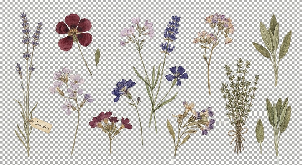 ボタニカル&押し花素材セット|30点以上|透過PNG|商用利用可