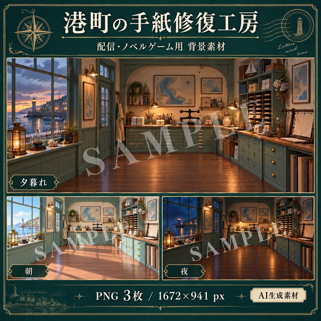 港町の手紙修復工房｜朝・夕・夜の背景3枚セット