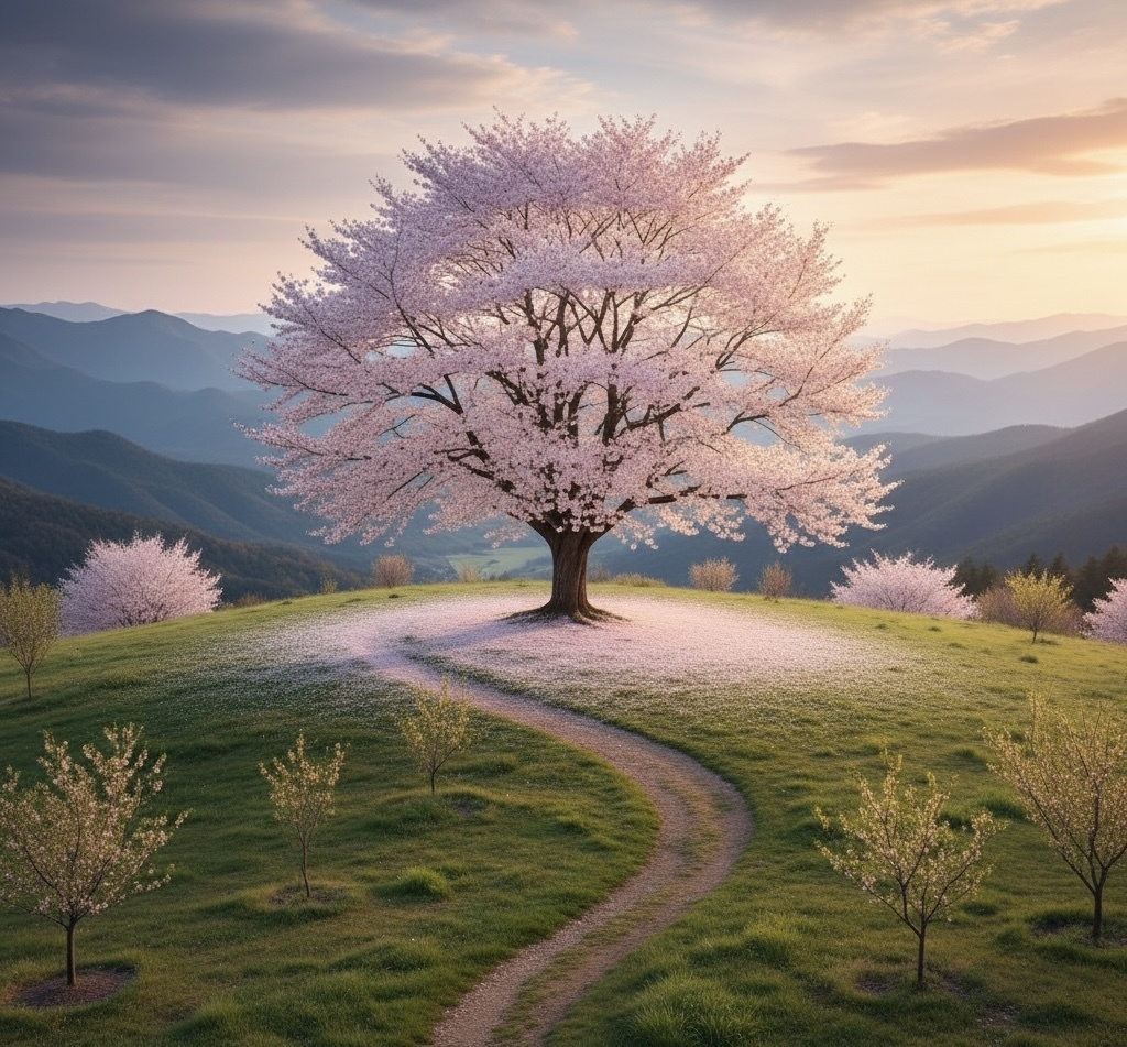 幻想の丘に咲く一本桜の風景素材セット｜春の丘とやさしい光