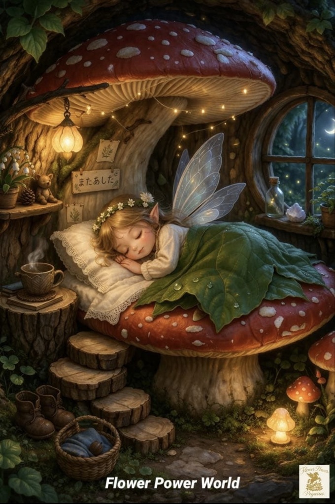 妖精学園|またあした|キノコの家で眠る妖精|癒しイラスト