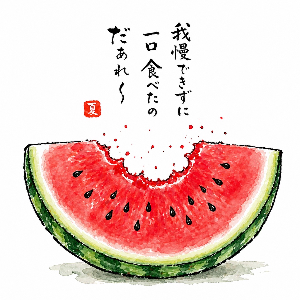 我慢できずに一口｜スイカの絵手紙（デジタル画像）　Watermelon Bite｜Etegami Style Illustration (Digital Download)
