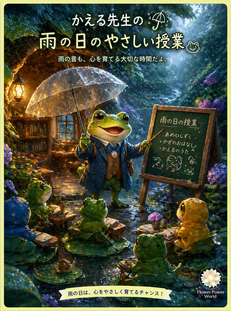🐸かえる先生の雨の日のやさしい授業｜心を育てる癒しイラスト