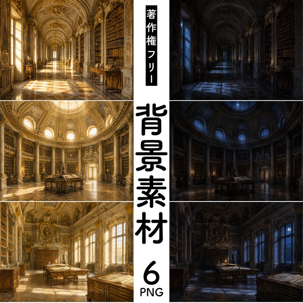 【昼 / 夜】煌びやかな図書館【背景6点セット】