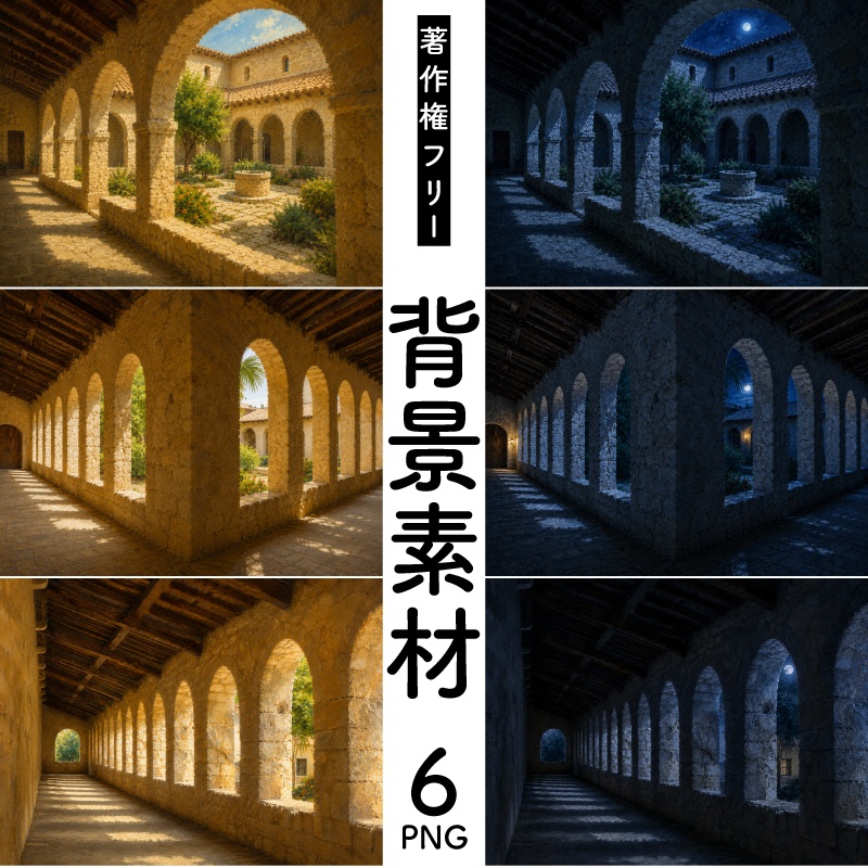【昼 / 夜】静かな回廊【背景6点セット】
