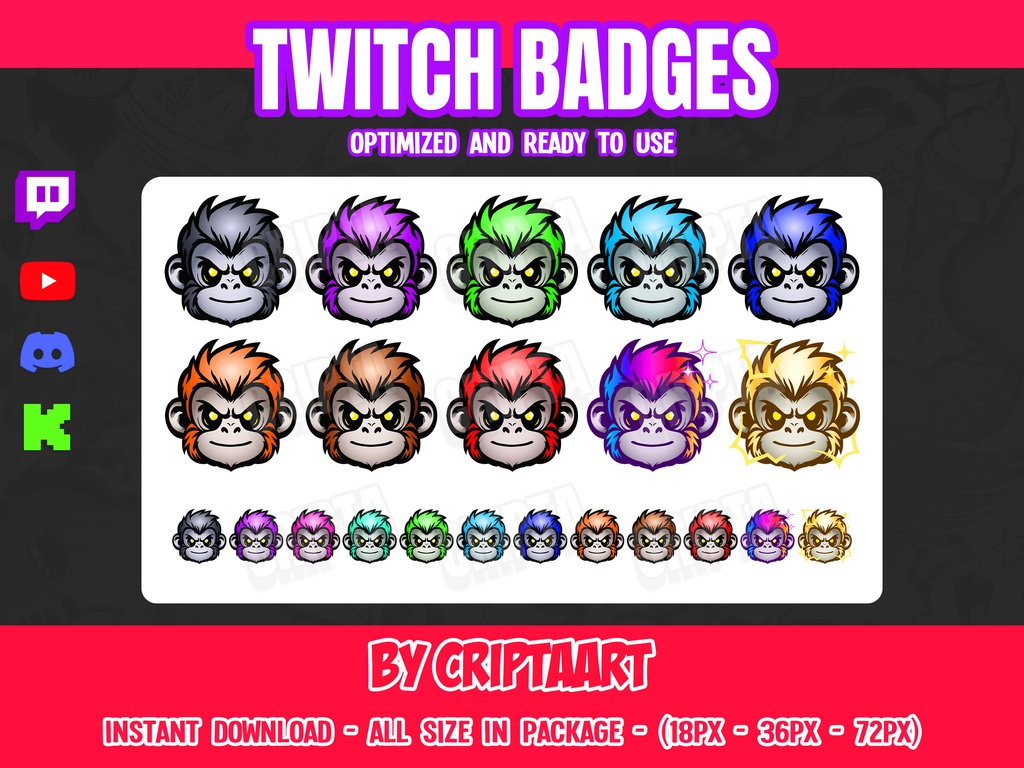 Monkey Twitch Badges, Bit Badge, Chibi Gorilla, Cheer, Subscribers - Channel Points, Stream, Discord, Kick, Youtube, Tiktok