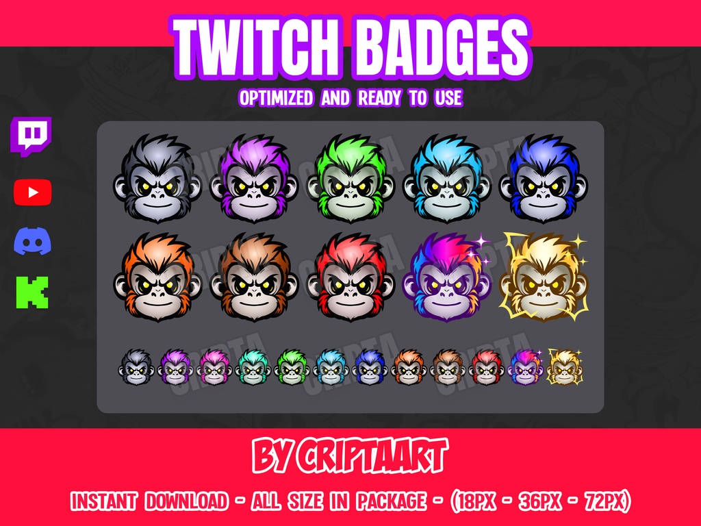 Monkey Twitch Badges, Bit Badge, Chibi Gorilla, Cheer, Subscribers - Channel Points, Stream, Discord, Kick, Youtube, Tiktok