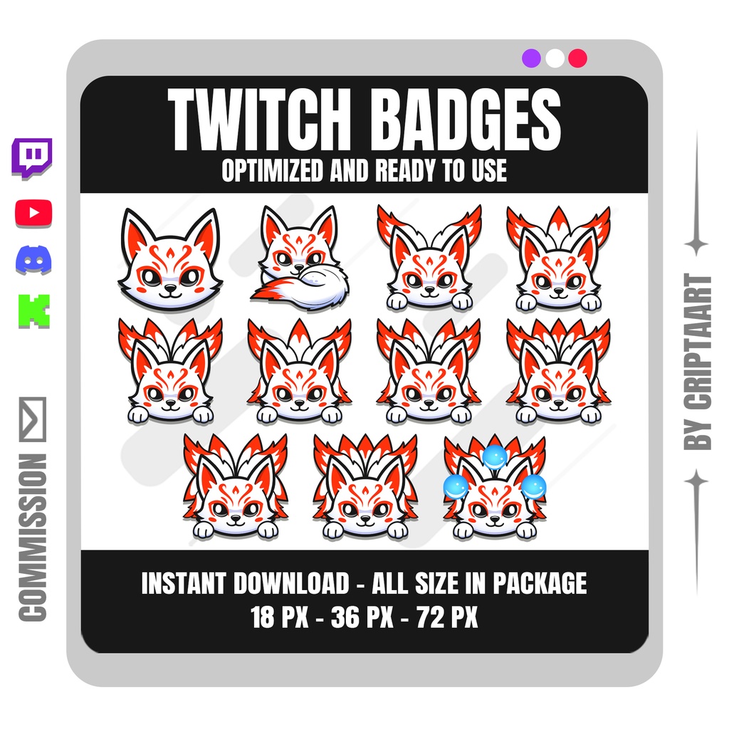 キツネ サブバッジ | Chibi Cute Kitsune Sub Badges for Twitch, Discord, YouTube, TikTok, Kick