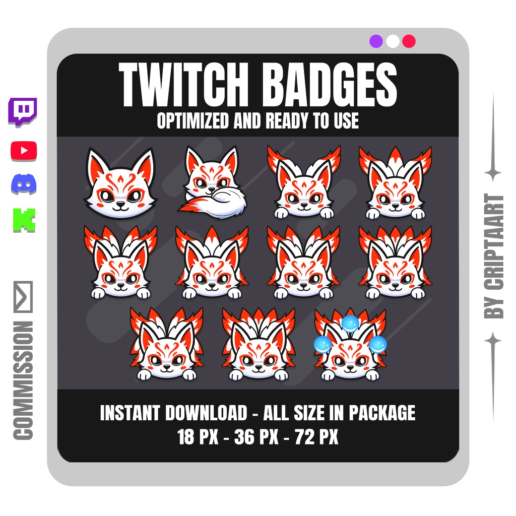 キツネ サブバッジ | Chibi Cute Kitsune Sub Badges for Twitch, Discord, YouTube, TikTok, Kick