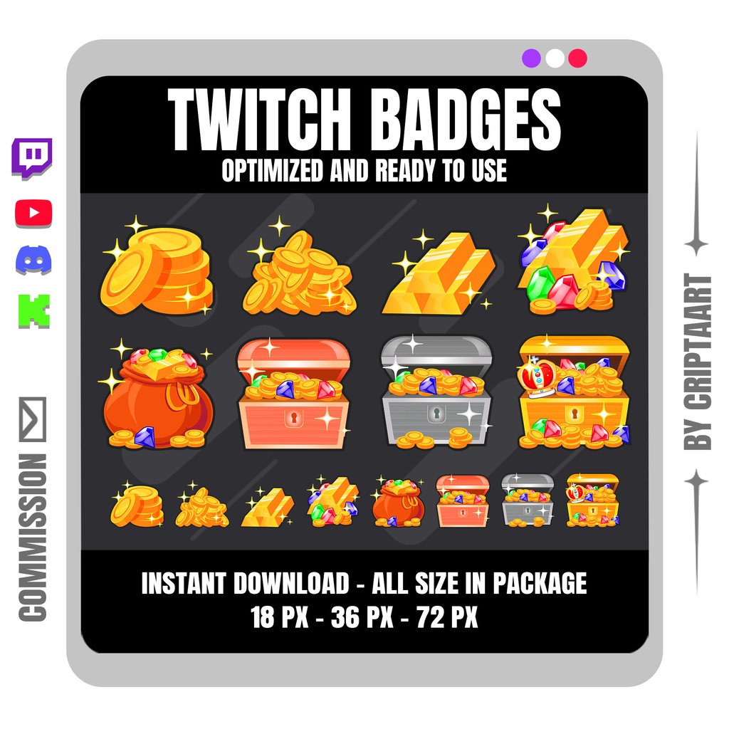 宝物サブバッジ | 金貨・金塊・宝箱 Twitch バッジ (配信者向け RPG・海賊・ゲームデザイン)