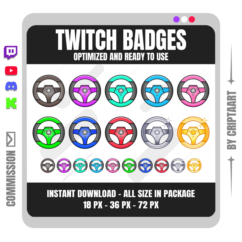 ハンドル サブバッジ | 車・レース・ゲーム向け Twitch バッジ (配信者用)