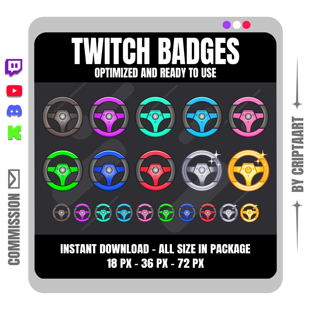 ハンドル サブバッジ | 車・レース・ゲーム向け Twitch バッジ (配信者用)