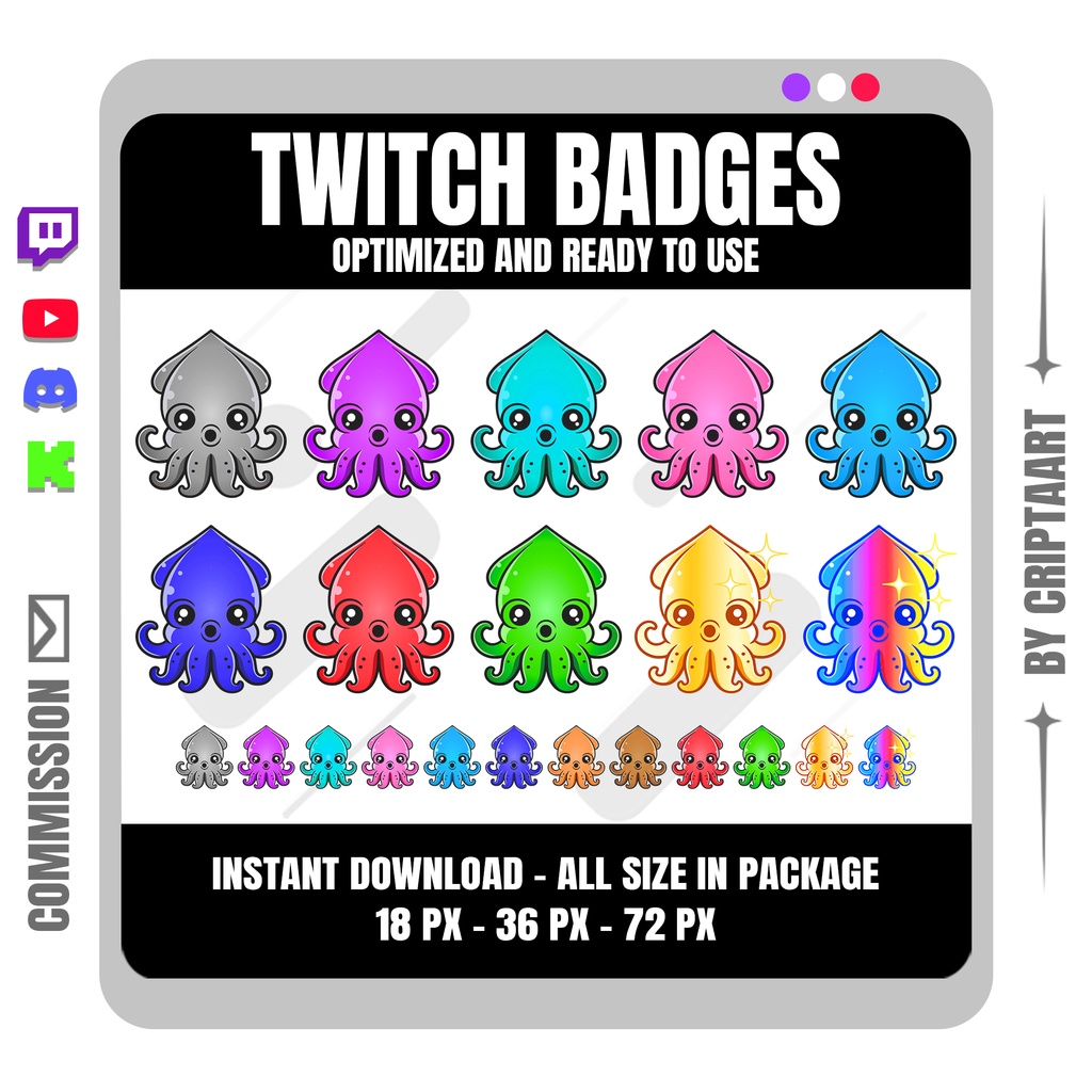 かわいい イカ サブバッジ 配信者向け チビ風 Twitch Discord YouTube TikTok Kick