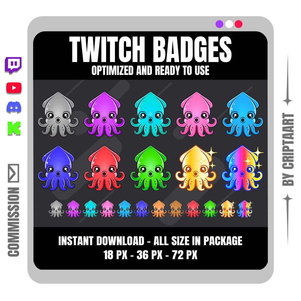 かわいい イカ サブバッジ 配信者向け チビ風 Twitch Discord YouTube TikTok Kick