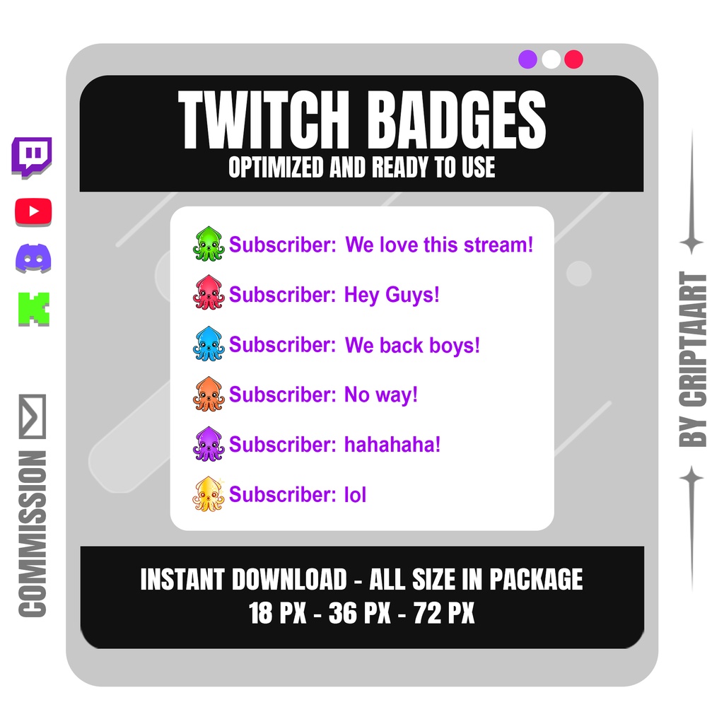 かわいい イカ サブバッジ 配信者向け チビ風 Twitch Discord YouTube TikTok Kick