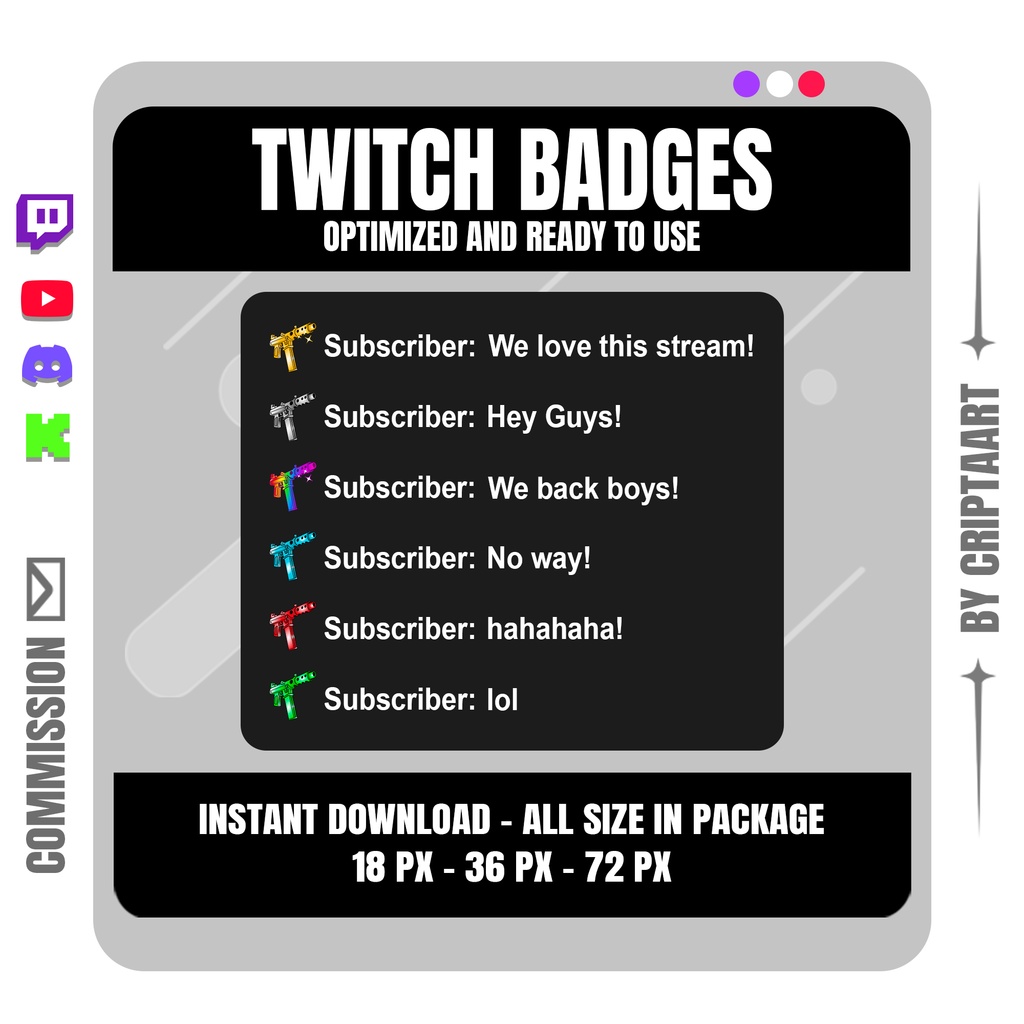 サブマシンガン Twitch サブバッジ | シューティング ミリタリー ゲームデザイン ストリーマー向け | Twitch Discord YouTube TikTok Kick