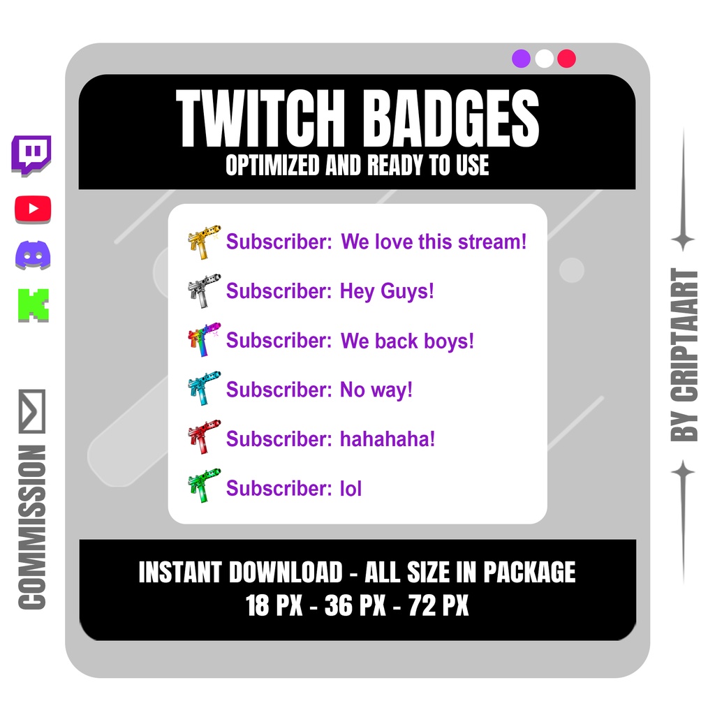 サブマシンガン Twitch サブバッジ | シューティング ミリタリー ゲームデザイン ストリーマー向け | Twitch Discord YouTube TikTok Kick