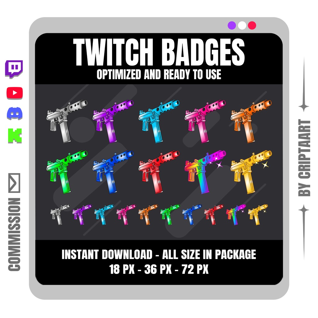 サブマシンガン Twitch サブバッジ | シューティング ミリタリー ゲームデザイン ストリーマー向け | Twitch Discord YouTube TikTok Kick